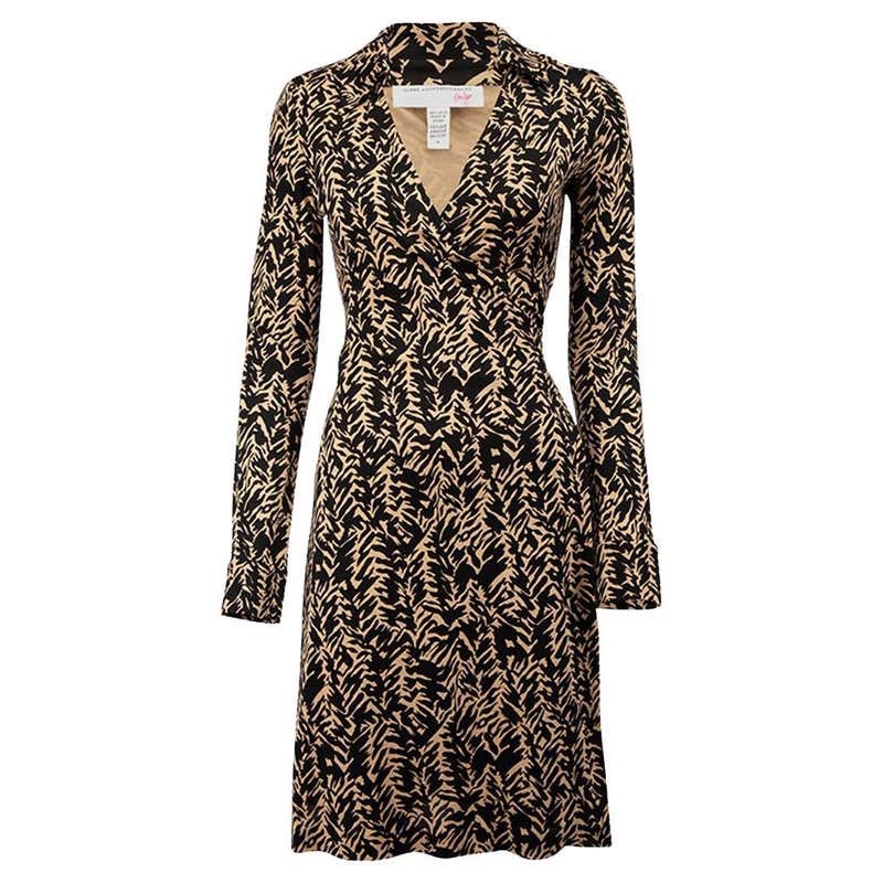 Diane Von Furstenberg Black Tan Silk Printed Wrap Dress